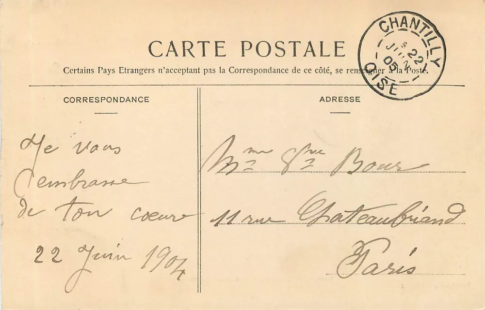 Castelo de Chantilly — Grade de Honra — Dambly, imp., Chantilly - Verso