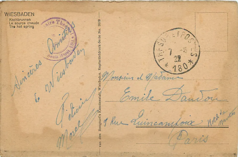 Wiesbaden — A fonte quente — Impressão em cobre, Série No. 180 - Verso