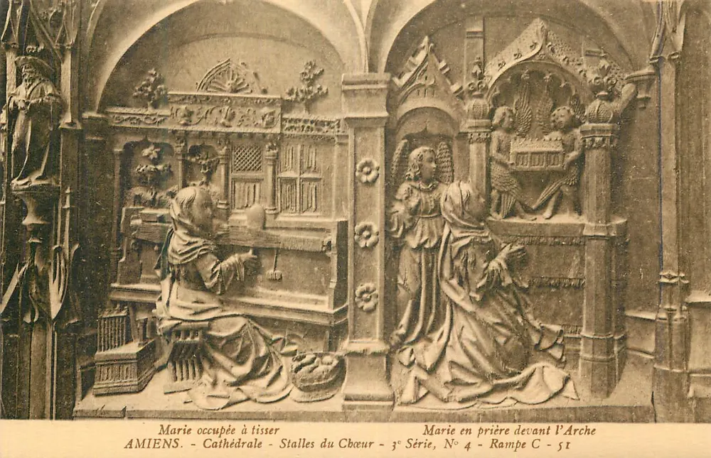 Marie beschäftigt mit dem Weben — Marie betend vor der Arkade — Kathedrale von Amiens, Chorbanken — 3. Serie, N° 4 - Vorderseite