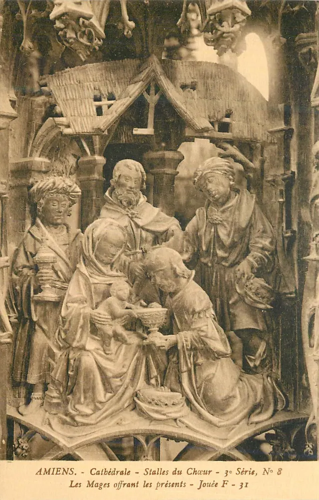 Amiens - Cathédrale - Stalles du Chœur - 3e Série, N° 8 - Les Mages offrant les présents - Recto