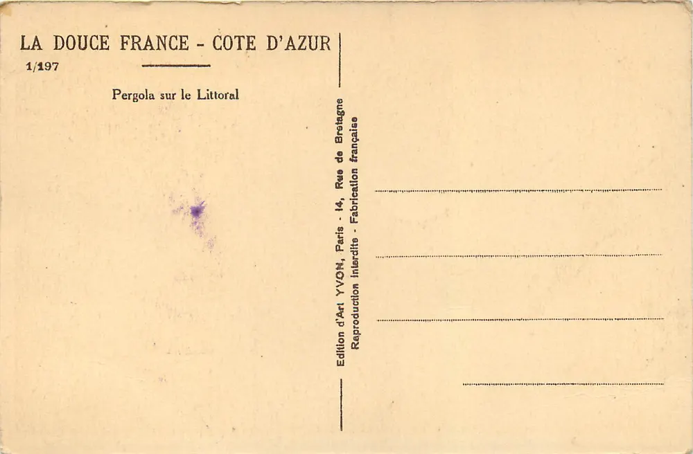 Pergola sur le Littoral — Édition YVON, série 1/197 - Verso