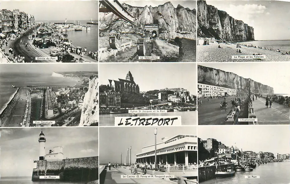 Le Tréport — Vista panorâmica com porto, falésias, farol e cassino — Cie des Arts Photomécaniques, Paris - Frente
