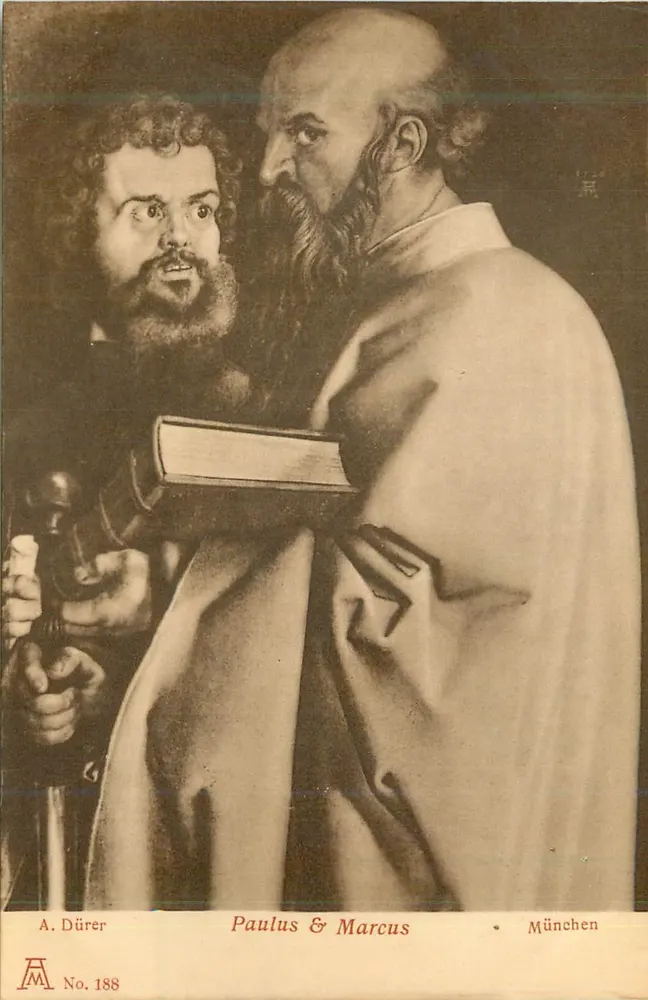São Paulo e São Marcos — reprodução de uma obra de Albrecht Dürer — editor Ackermann's Kunstverlag, n° 188 - Frente