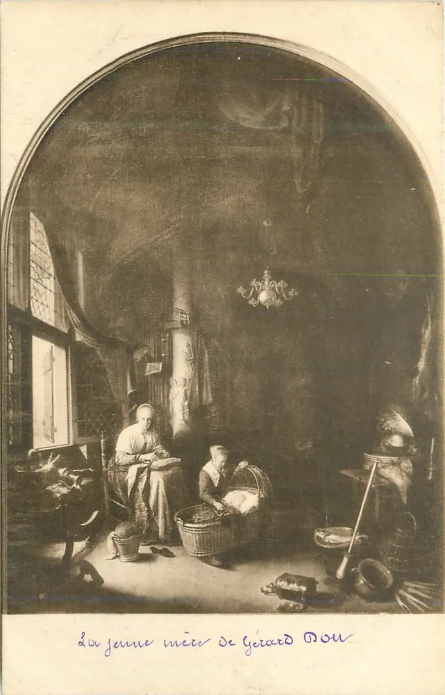 La jeune mère de Gérard Dou — reproduction d'une peinture — éditeur Felix P. Abrahamson, n°1201 - Recto