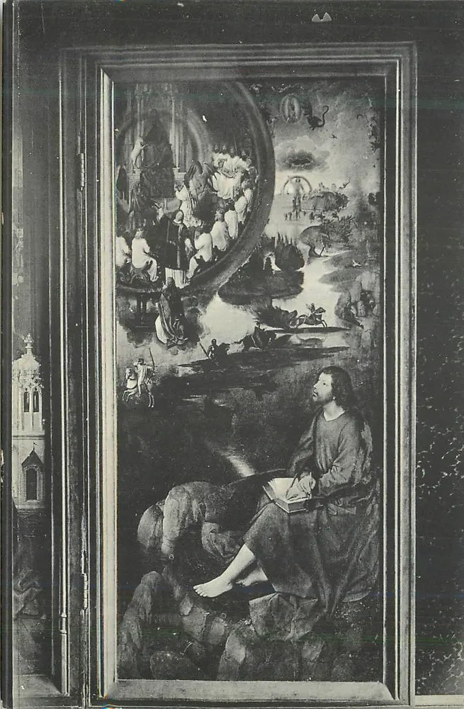 Bruges - Musée de l'Hôpital St-Jean - Volet gauche du grand retable. Hans Memlinc. St-Jean l'Évangéliste dans la contemplation de la Vision Apocalyptique. Série 11 N 1003 - Recto