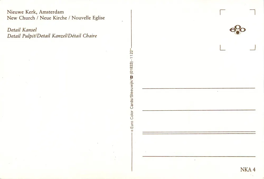 Nieuwe Kerk, Amsterdam — Detail der Kanzel — Euro Color Cards / Sleeuwijk - Rückseite