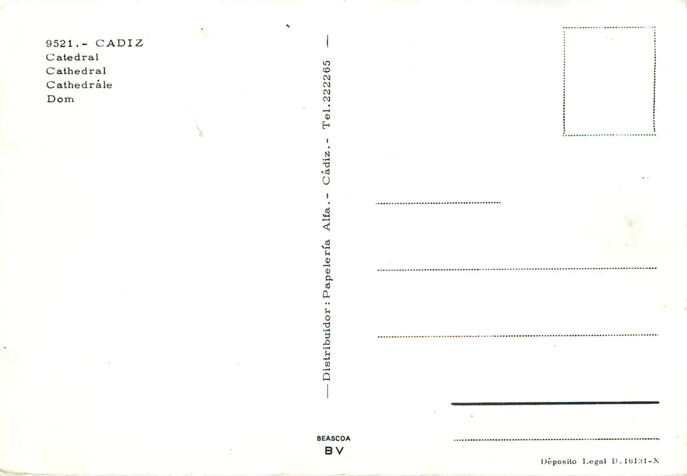 Catedral de Cadiz — vista panorâmica — Distribuidor: Papelería Alfa - Verso