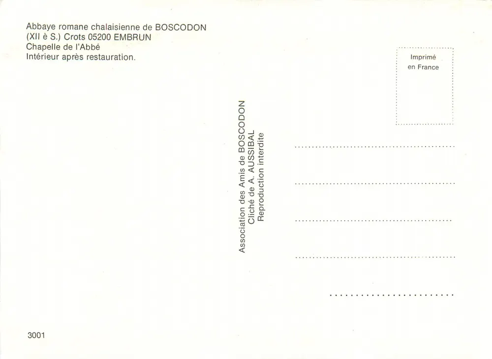 Römische Chalaisianische Abtei BOSCODON — Kapelle des Abts — Innenraum nach der Restauration — Association des Amis de BOSCODON, n°3001 - Rückseite