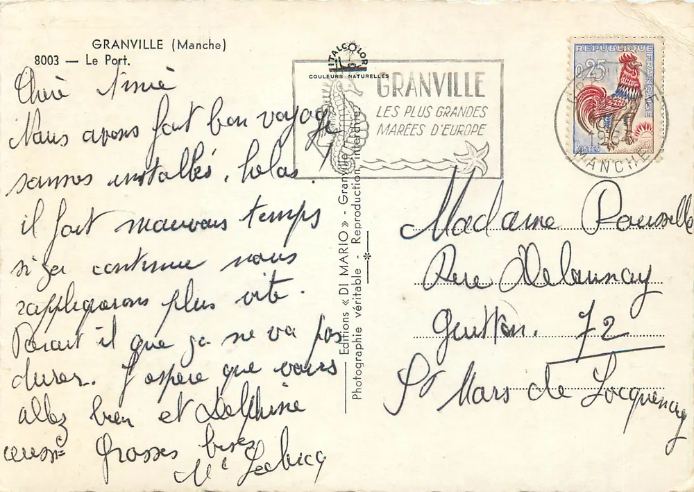 Port de Granville — vue du port avec bateaux et église — Éditions DI MARIO - Verso