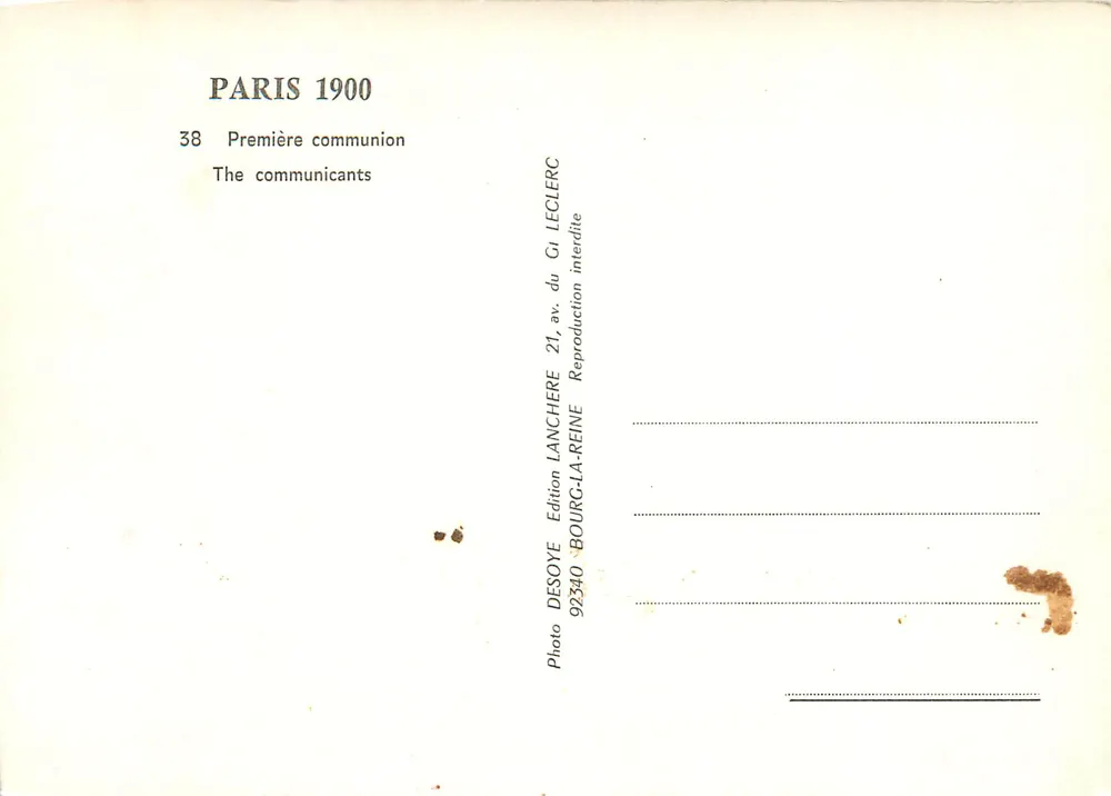 Paris 1900 — Primeira comunhão — Editor Desoye, n°38 - Verso