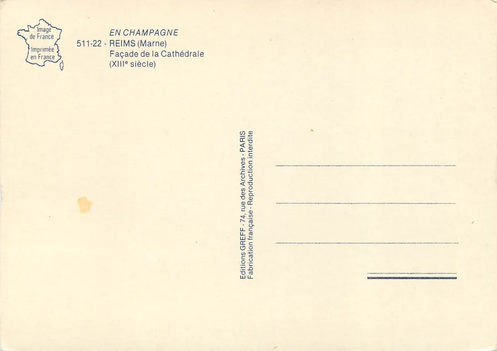 Reims — Fassade der Kathedrale (13. Jahrhundert) — Editions GREFF - Rückseite