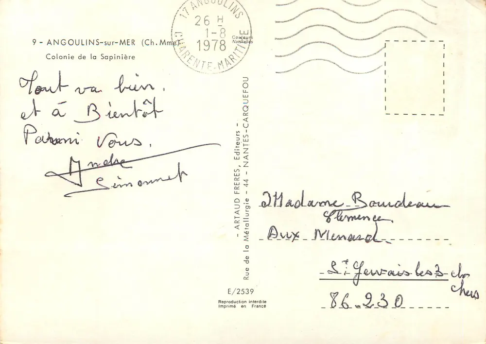 Schloss la Sapinière — Angoulins-sur-Mer — Edition Artaud Frères - Rückseite