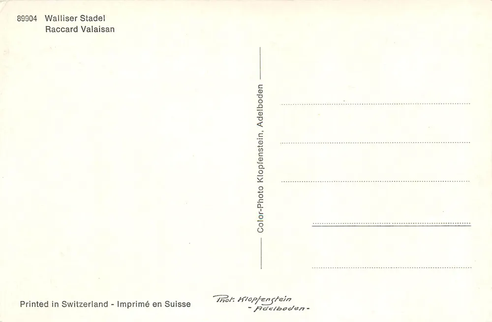 Cabana de madeira sobre estacas — Adelboden, Suíça — Fot. Klopfenstein, n° 89904 - Verso