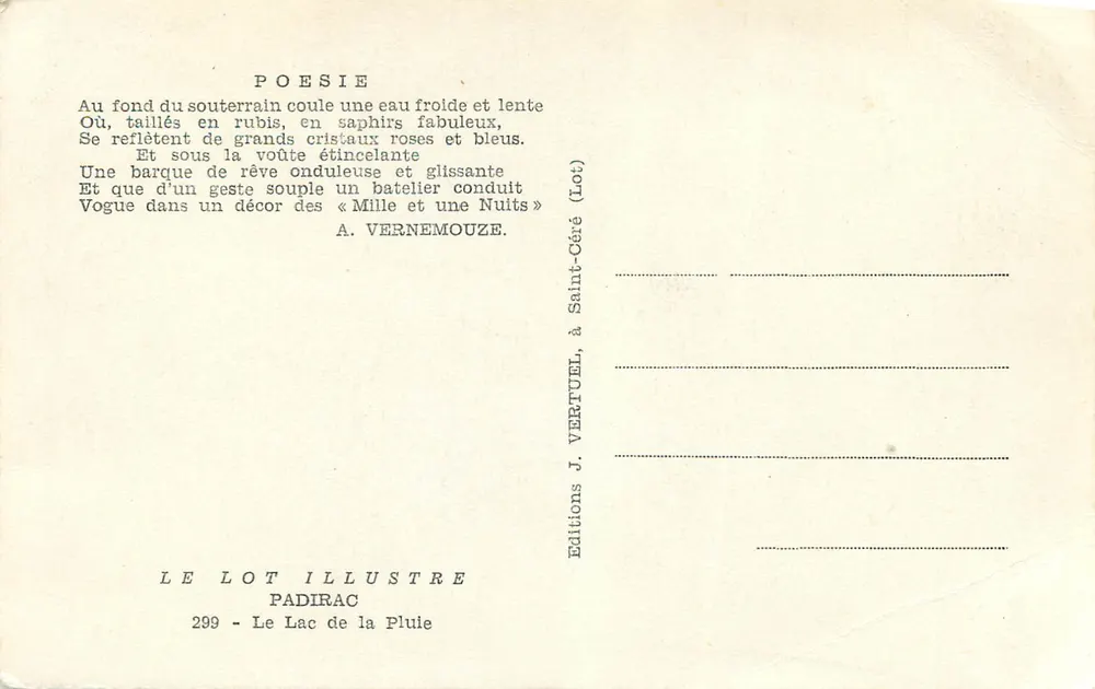 Gruta de Padirac — Lago da Chuva — Éditions J. Vertuel, Lot - Verso
