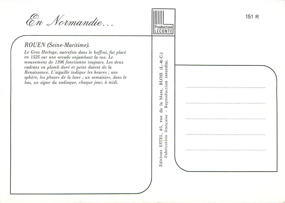 Relógio de Rouen — Normandia — Estel - Verso