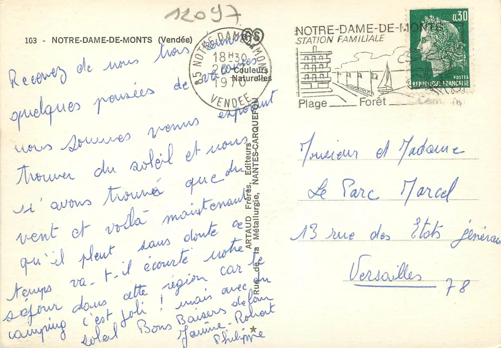 Notre-Dame-de-Monts — La Plage, Bourrine vendéenne, Charrette à âne — Artaud Frères, Nantes - Verso