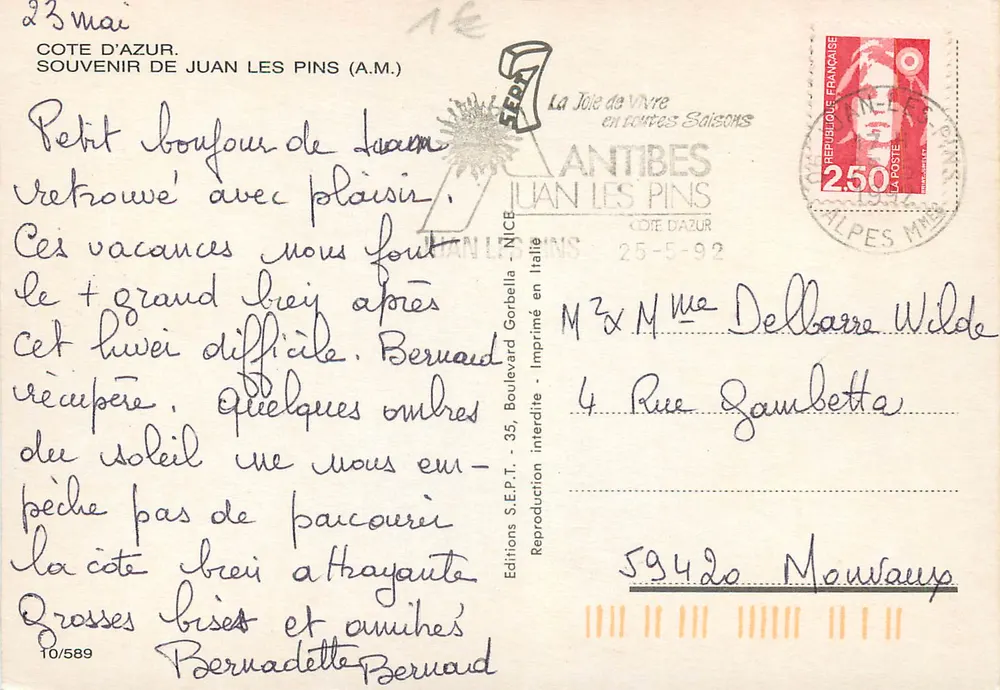Juan les Pins — vue panoramique et plages — Éditions S.E.P.T. 10/589 - Verso