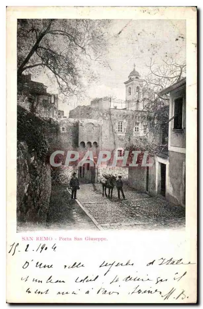 San Remo - Porta San Giuseppe — Straßenszene mit Wagen und zwei Männern — unbekannter Verlag, n° 4 - Vorderseite