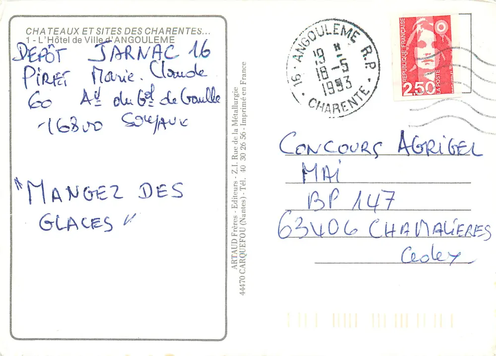 Hôtel de Ville de Angoulême — Castelos e Sítios dos Charentes — editor ARTAUD Frères, Nantes - Verso