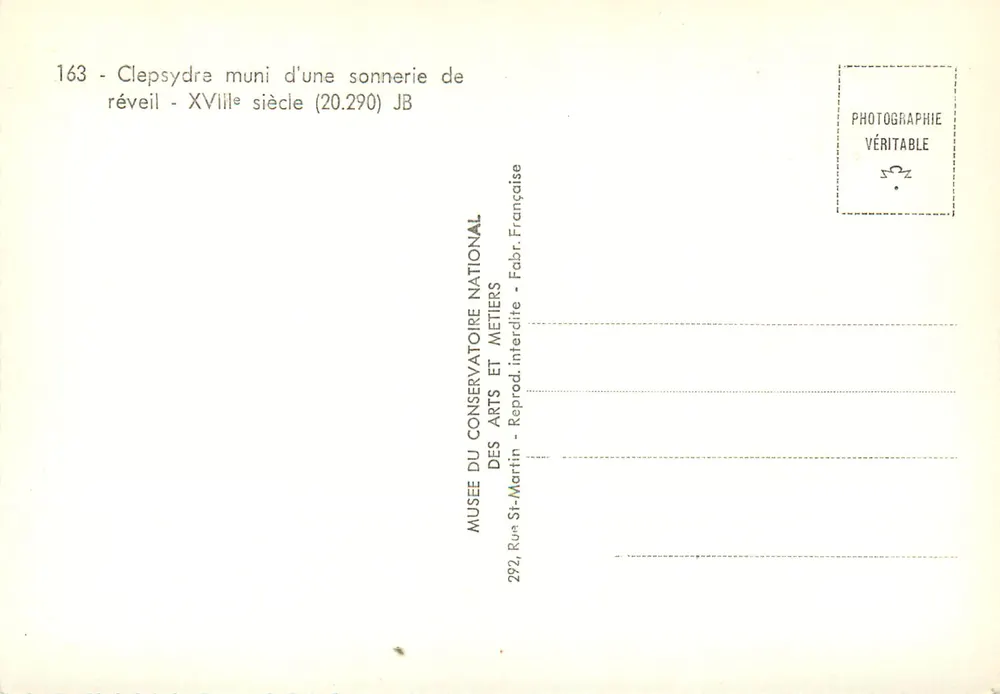 Clepsidra equipada com um alarme de despertar — século XVIII — Musée des Arts et Métiers - Verso