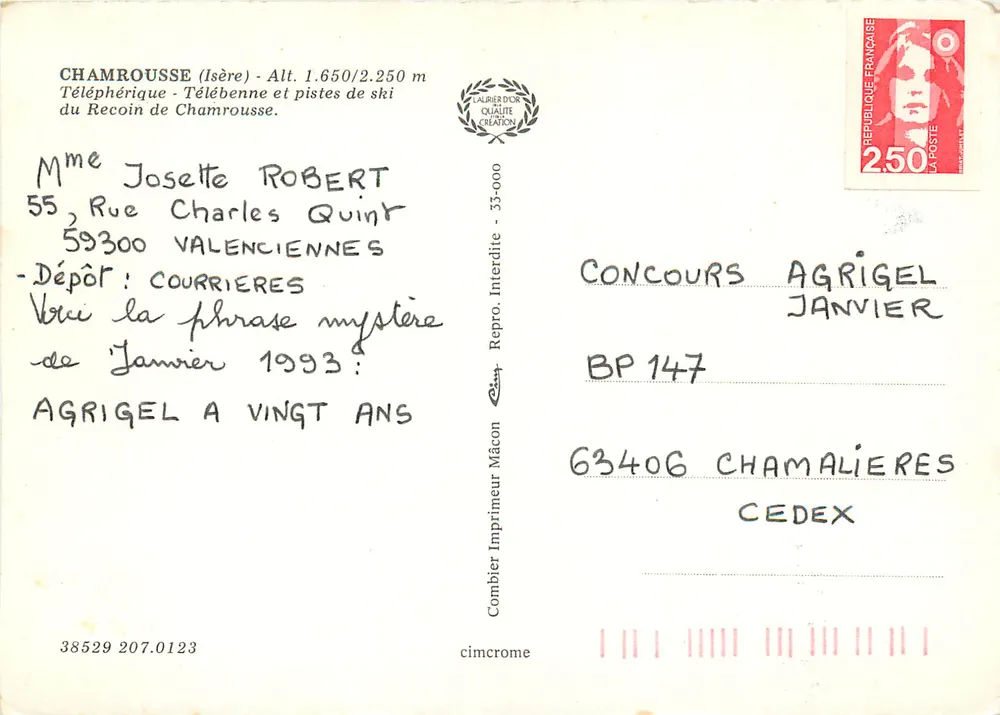 Chamrousse — Seilbahn und Skipisten von Recoin — Verlag Combière Drucker Mâcon - Rückseite