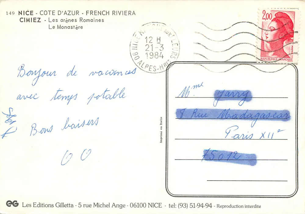 Nice-Cimiez — As Arenas Romanas e o Mosteiro — Les Editions Gilletta - Verso