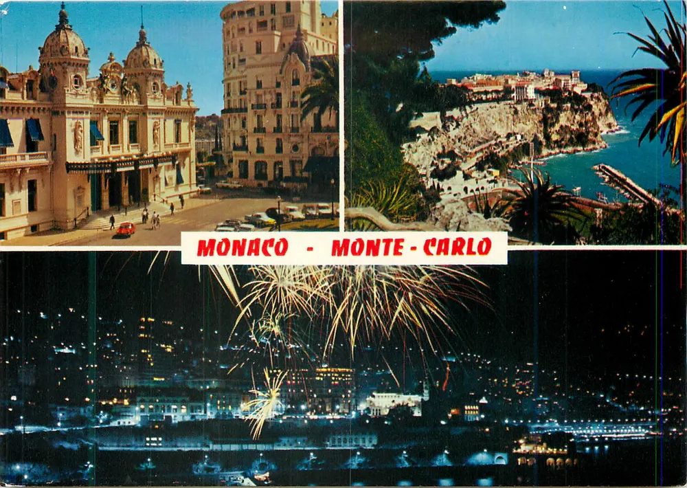 Mônaco - Monte-Carlo — vista panorâmica e noturna com fogos de artifício — Imprensa da França - Frente