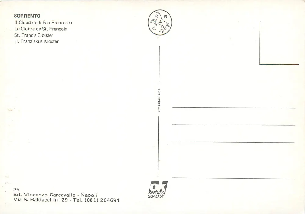 Sorrento — O Chiostro de São Francisco — Ed. Vincenzo Carcavallo - Napoli, n°25 - Verso