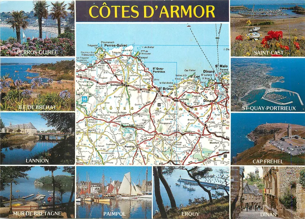 Côtes d'Armor — Karta turystyczna z widokami Perros-Guirec, Saint-Cast, Île de Bréhat, Lannion, Cap Fréhel, Paimpol, Erquy i Dinan — Éditions d'Art Jananne - Awers