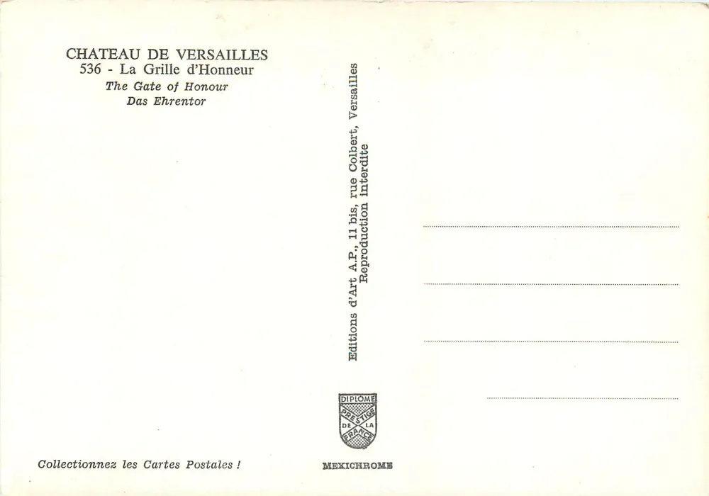 Castelo de Versailles — A Grade de Honra — Éditions d'Art A.P. - Verso