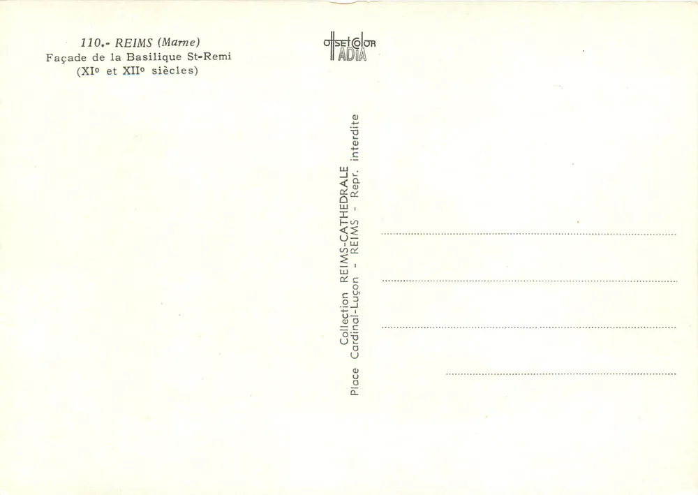 Reims — Facha da Basílica de São Remi (séculos XI e XII) — Coleção Cardinal-Luçon, editada por ADIA - Verso