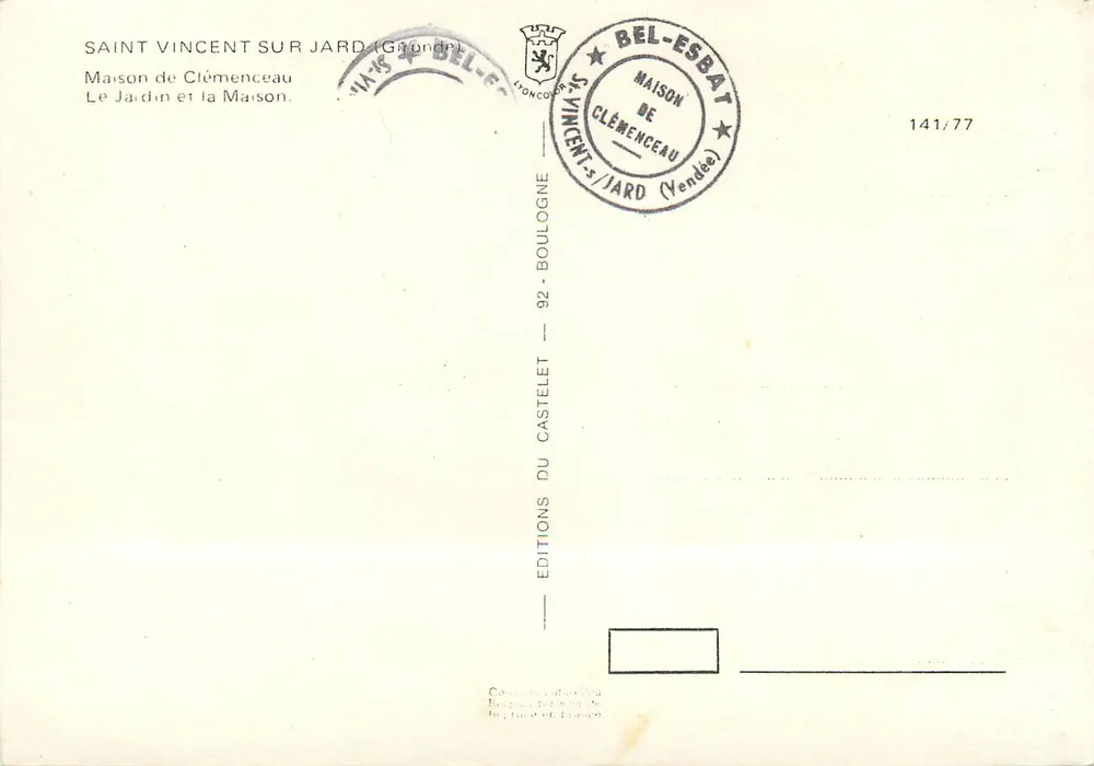 Haus Clémenceau — Saint-Vincent-sur-Jard (Vendée) — Bel-Esbat Editions, Nr. 141/77 - Rückseite