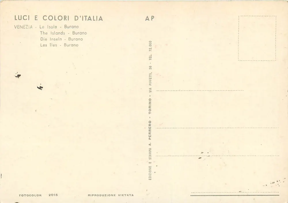 Burano — Ilhas de Veneza — Edição Luci e Colori d'Italia, n° 72.000 - Verso