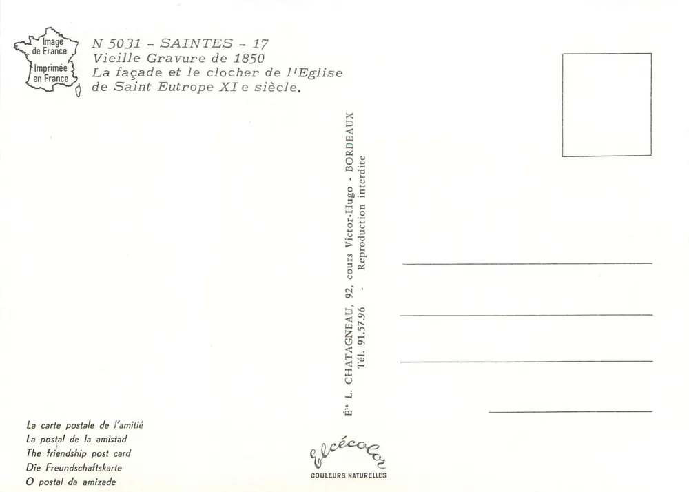 Kirche Saint-Eutrope in Saintes im 19. Jahrhundert — Kupferstich von 1850, Verleger L. Chatagneau, Nr. 5031 - Rückseite