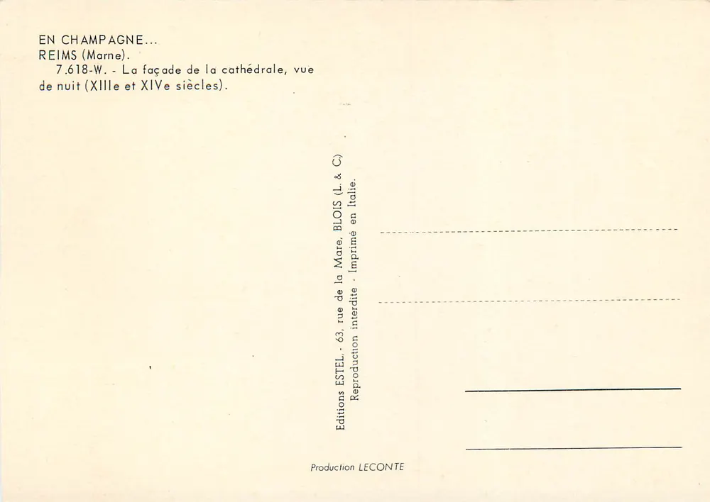 Reims — Cathédrale — façade de nuit (XIIIe et XIVe siècles) — Éditions Estel - Verso