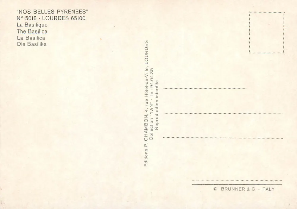 A Basílica - Lourdes — Edições P. Chambon, coleção 'Nossas Belas Pirineus' n°5018 - Verso