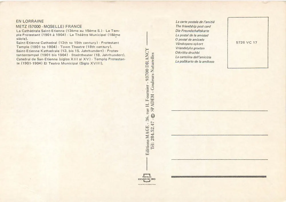 Metz — Kathedrale Saint-Étienne, protestantischer Tempel, Stadttheater — Editions H. Fournier - Rückseite