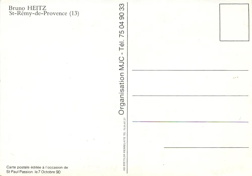 Carta postal humorística — Bruno Heitz — editada com ocasião de St Paul Passion 1990 - Verso