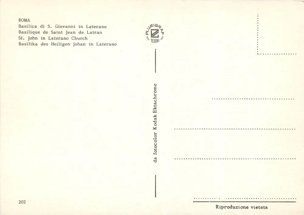 Basílica de São João de Latrão — Roma — editor Plurigraf Eterni, n° 202 - Verso
