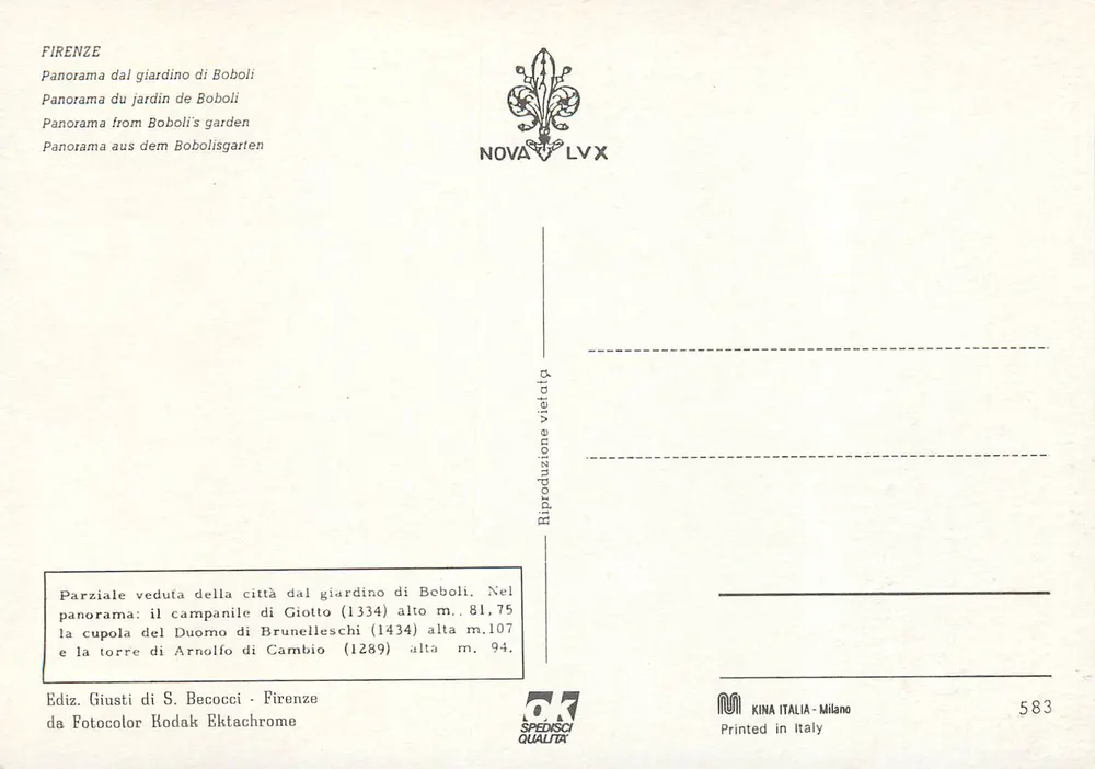Florence — panoramic view from the Boboli garden — Kina Italia edition - Back