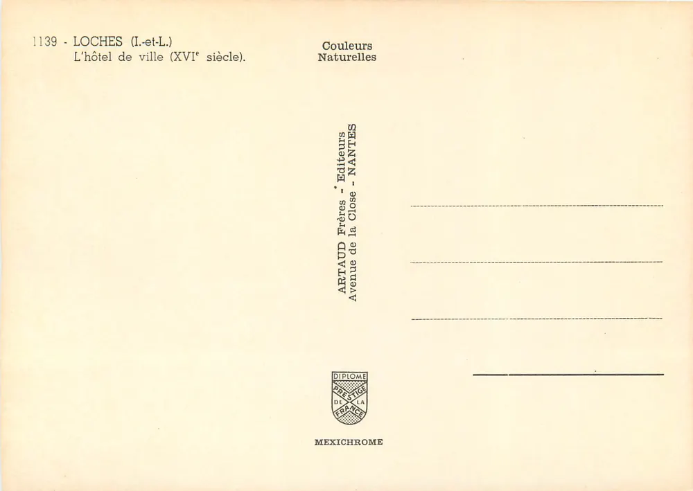 Loches (Loire-et-Loire) — Hôtel de ville du XVIe siècle — ArtAUD Frères, Nantes - Verso