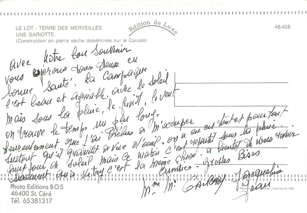 Une gariotte — Construction en pierre sèche disséminée sur le Causse — Edition de Luxe, n° 46-458 - Verso
