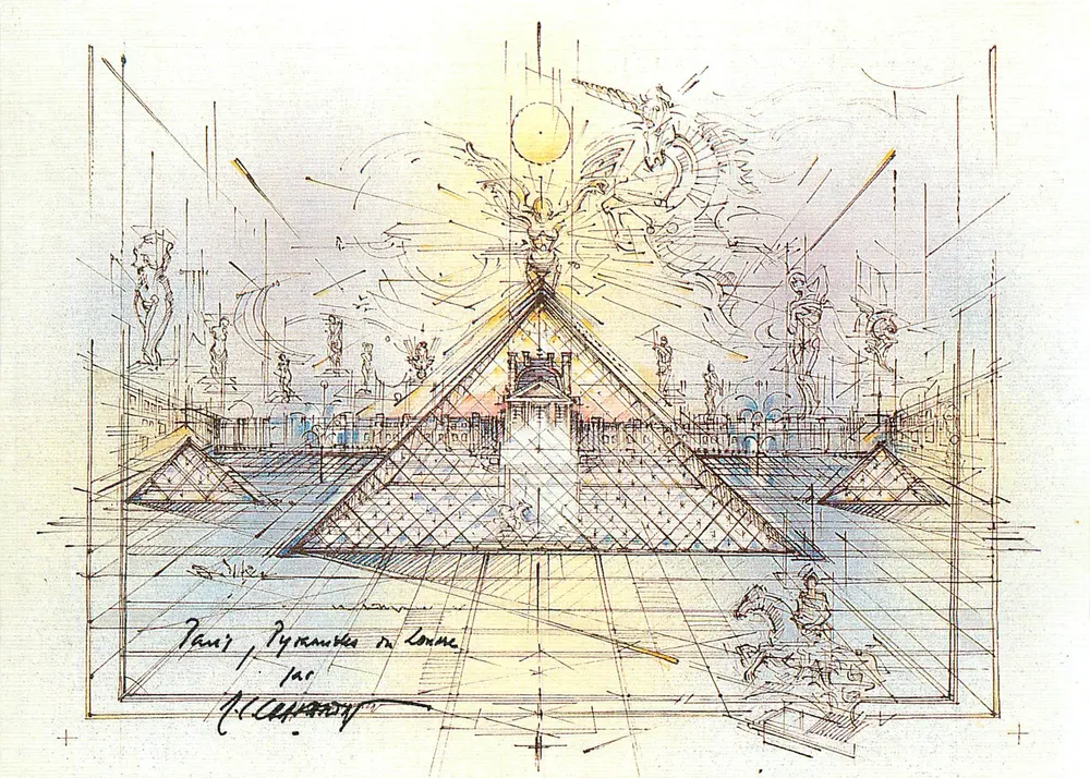 Paris, as Pirâmides no Louvre — arquitetura imperial de Charron - Frente