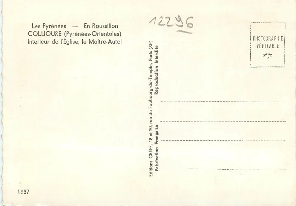 Collioure — Intérieur de l'église, le Maître-autel — Éditions GREFF, Paris - Verso