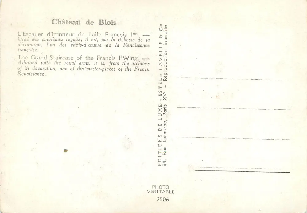 Schloss Blois — Ehrenstiege des Flügels Franz I. — Verlag Estel - Rückseite