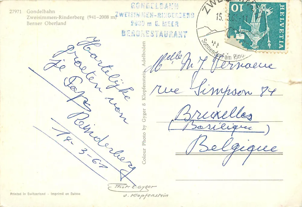 Gondelbahn Zweisimmen-Rinderberg — 2600 m U. MEER — editor v. Klopfenstein, n° 27971 - Verso