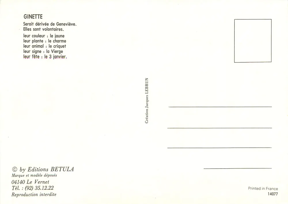 Ginette — Personnage mythologique — Éditions Betula, n°14077 - Verso