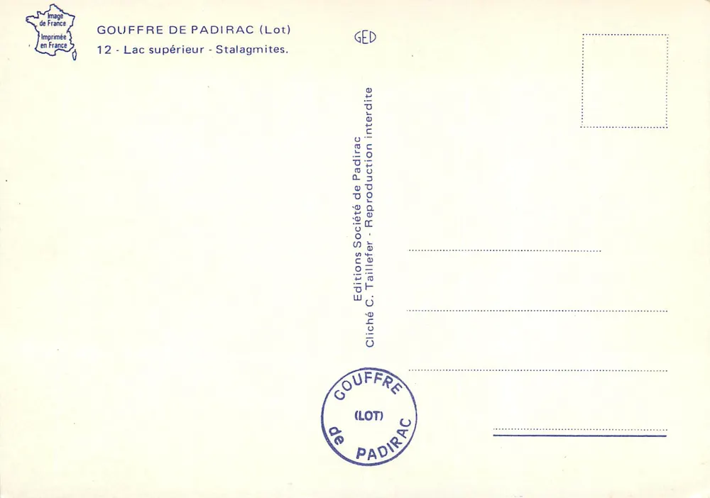 Gouffre de Padirac (Lot) — Lac supérieur - Stalagmites — Éditions C. Taillefer - Verso