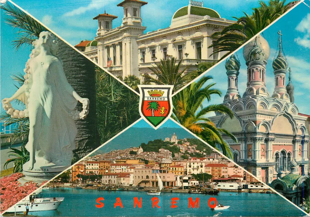Sanremo — widok panoramiczny z statuą Mavera, hotel, kościoł i miasto — wydawca DA FOTOCOLOR KODAK EKTACHROME, nr 112 - Awers