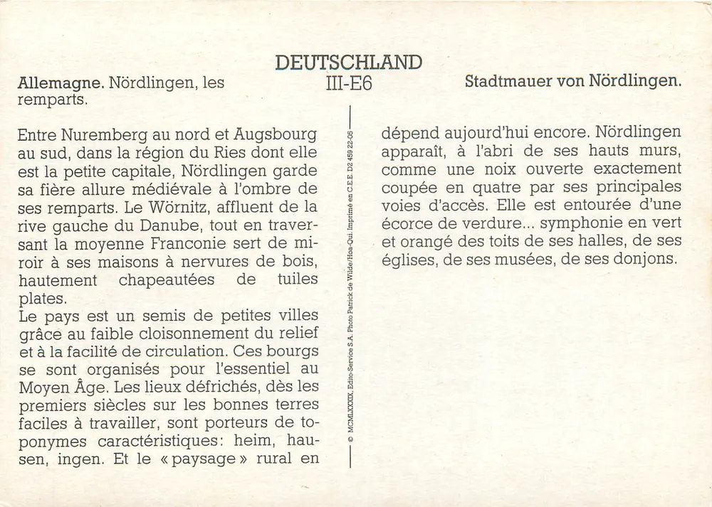 Nördlingen — Mauern und Kirche — Verleger: Patrick de Wilde / Photo-Service S.A. — III-E6 - Rückseite